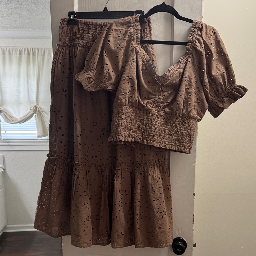 Brown Eyelet Skirt Set